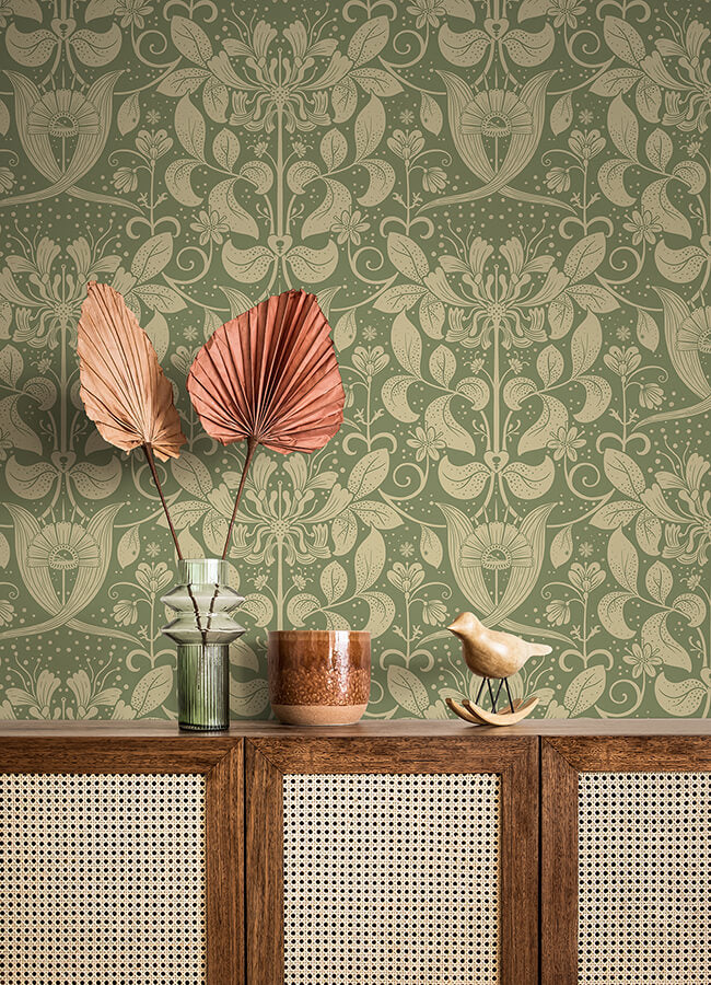 berit-green-floral-crest-wallpaper-york-wallcoverings-4080-83126 - York Wallcoverings Papel pintado