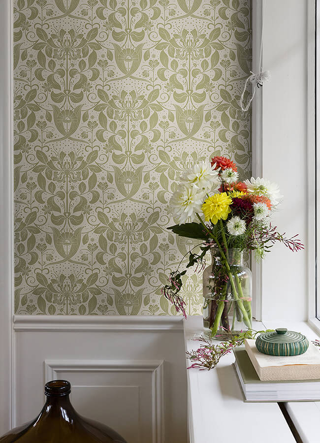berit-olive-floral-crest-wallpaper-york-wallcoverings-4080-83127 - York Wallcoverings Wallpaper