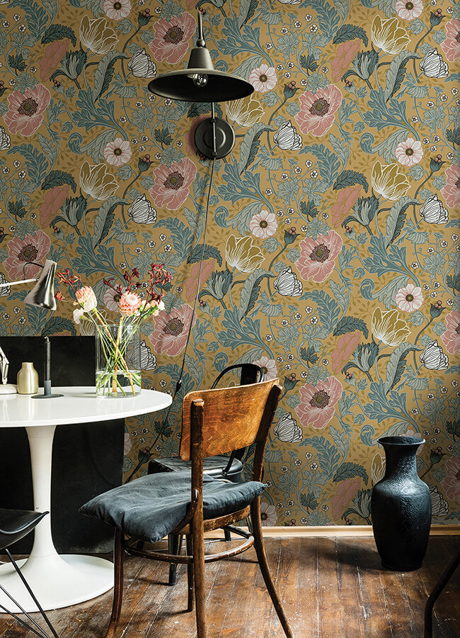 anemone-mustard-floral-wallpaper-york-wallcoverings-4080-33002 - York Wallcoverings Papel pintado