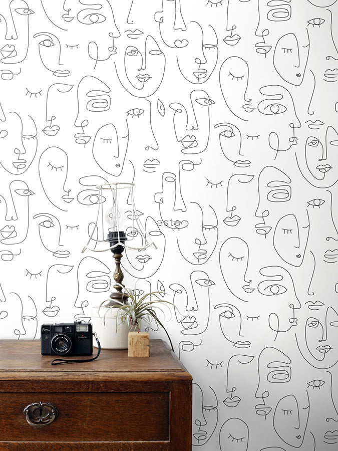 sharona-white-line-art-faces-wallpaper-york-wallcoverings-dd139145 - York Wallcoverings Wallpaper