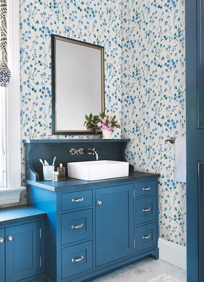 heidi-blue-watercolor-florals-wallpaper-york-wallcoverings-2980-26176 - York Wallcoverings Wallpaper