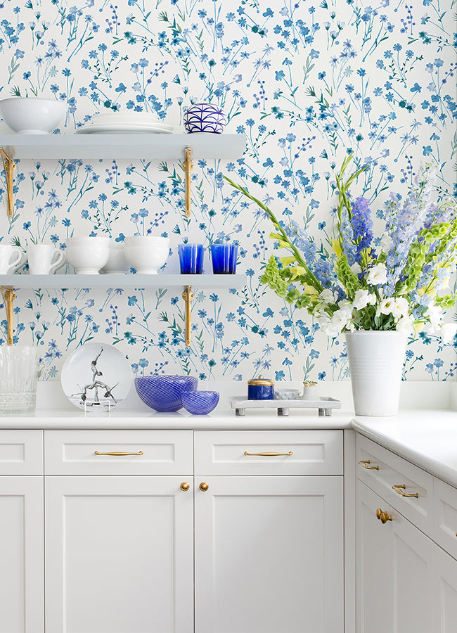 heidi-blue-watercolor-florals-wallpaper-york-wallcoverings-2980-26176 - York Wallcoverings Wallpaper