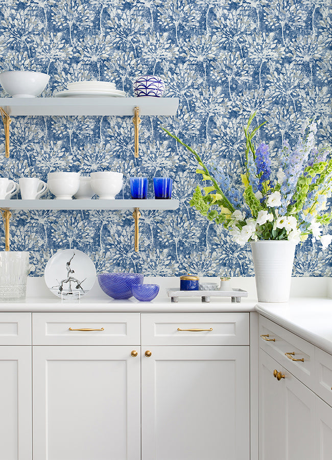 dori-blue-painterly-floral-wallpaper-york-wallcoverings-2980-26187 - York Wallcoverings Wallpaper