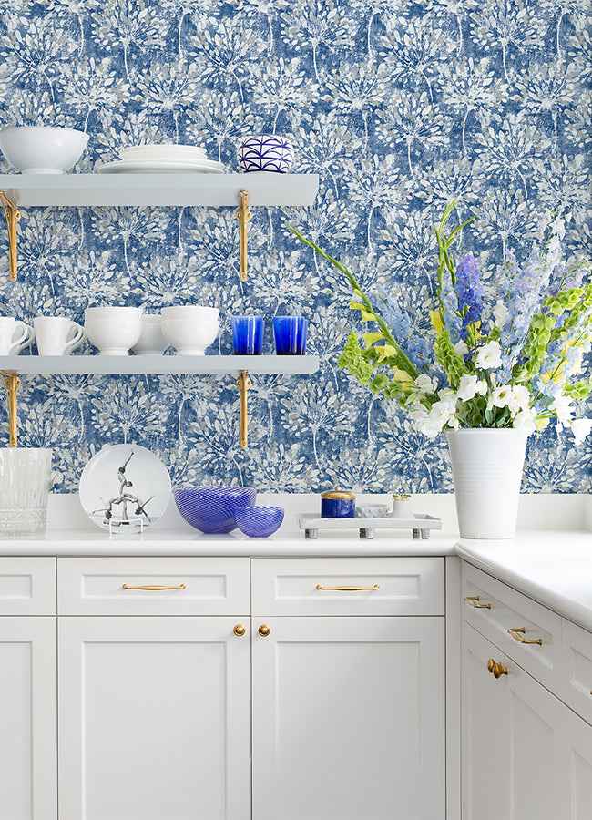 Dori Blue Painterly Floral Wallpaper - York Wallcoverings - 2980-26187 - York Wallcoverings Wallpaper