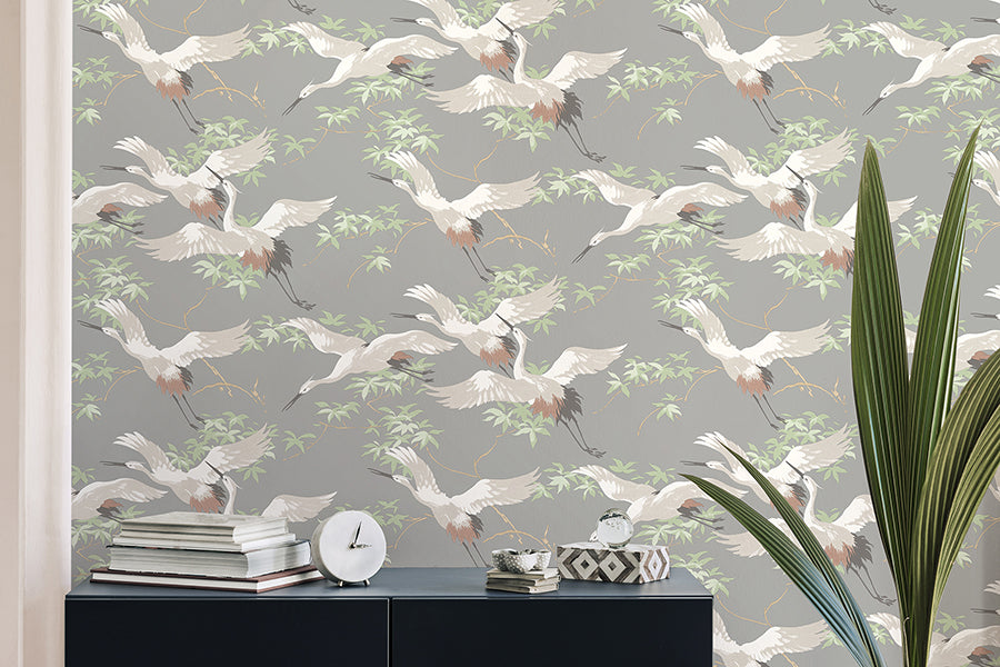 saura-light-grey-cranes-wallpaper-york-wallcoverings-m1657 - York Wallcoverings Wallpaper
