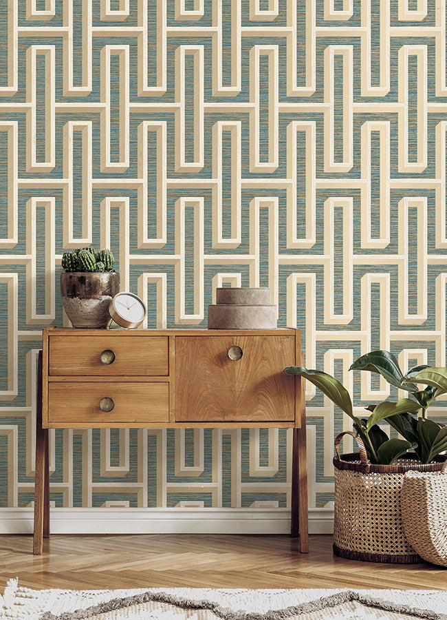 henley-teal-geometric-grasscloth-wallpaper-york-wallcoverings-4125-26723 - York Wallcoverings Wallpaper