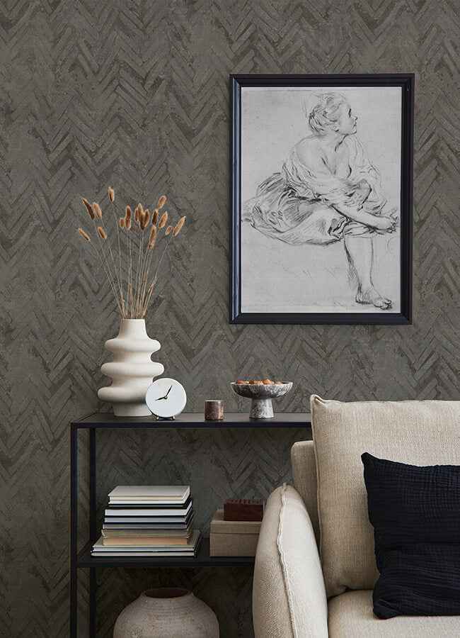 Amesemi Dark Grey Distressed Herringbone Wallpaper - York Wallcoverings - 4105-86611 - York Wallcoverings Wallpaper
