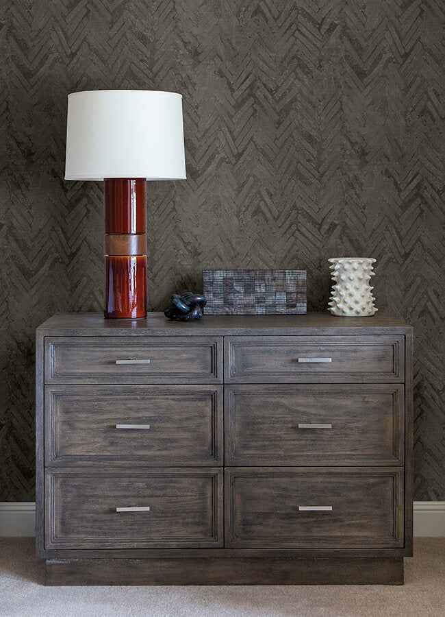 Amesemi Dark Grey Distressed Herringbone Wallpaper - York Wallcoverings - 4105-86611 - York Wallcoverings Wallpaper