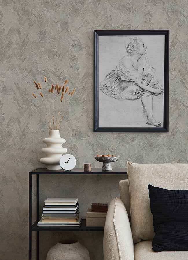 Amesemi Grey Distressed Herringbone Wallpaper - York Wallcoverings - 4105-86612 - York Wallcoverings Wallpaper
