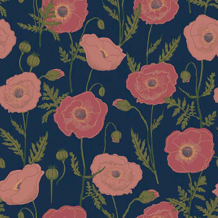 Navy Pink Poppy Field Peel and Stick Wallpaper - York Wallcoverings - JHS5028 - York Wallcoverings Wallpaper
