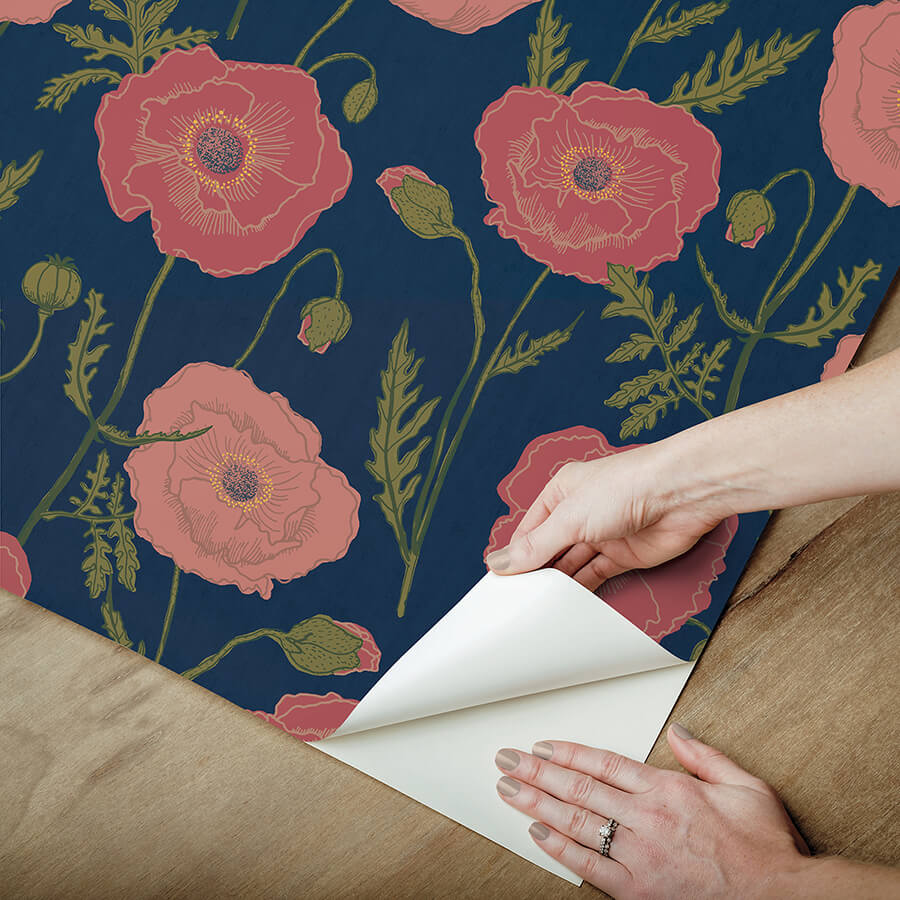 navy-pink-poppy-field-peel-and-stick-wallpaper-york-wallcoverings-jhs5028 - York Wallcoverings Wallpaper
