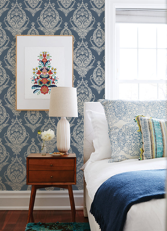 Arlie Indigo Botanical Damask Wallpaper - The WorkRm