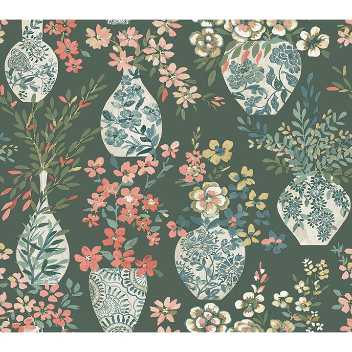 harper-green-floral-vase-wallpaper-york-wallcoverings-4120-72000 - York Wallcoverings Wallpaper
