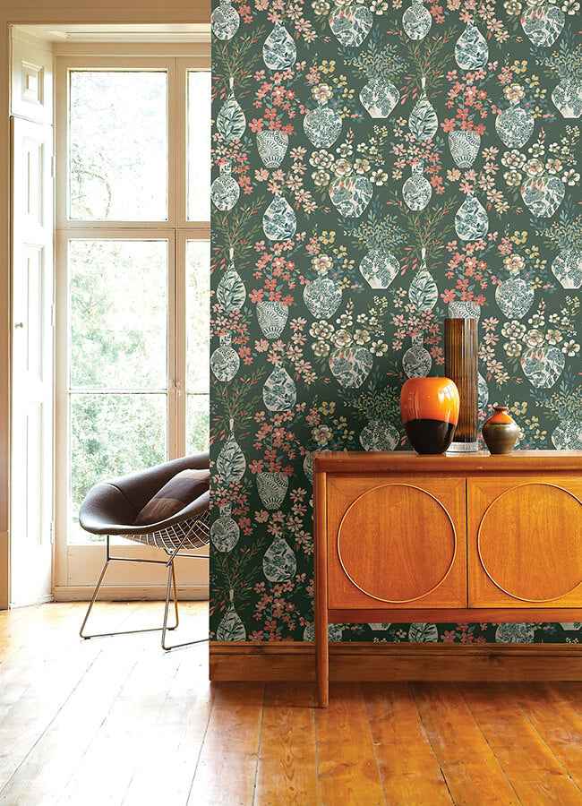 Harper Green Floral Vase Wallpaper - York Wallcoverings - 4120-72000 - York Wallcoverings Wallpaper