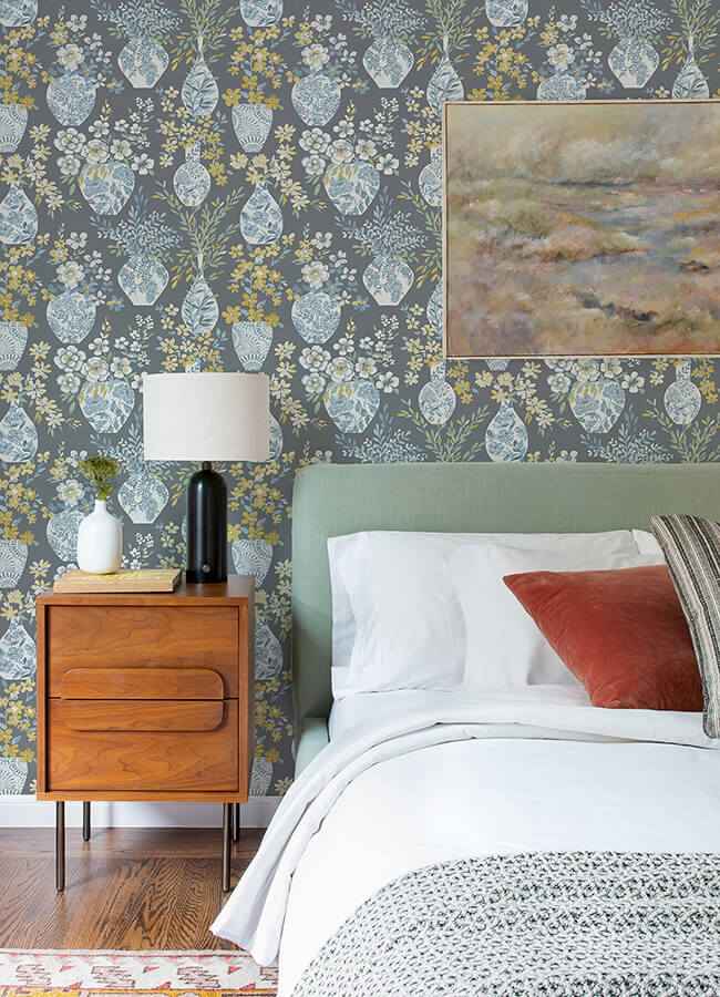 Harper Grey Floral Vase Wallpaper - York Wallcoverings - 4120-72003 - York Wallcoverings Wallpaper