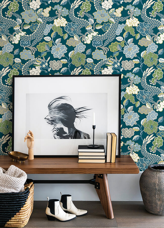 yanci-teal-dragon-wallpaper-york-wallcoverings-4120-72008 - York Wallcoverings Papel pintado