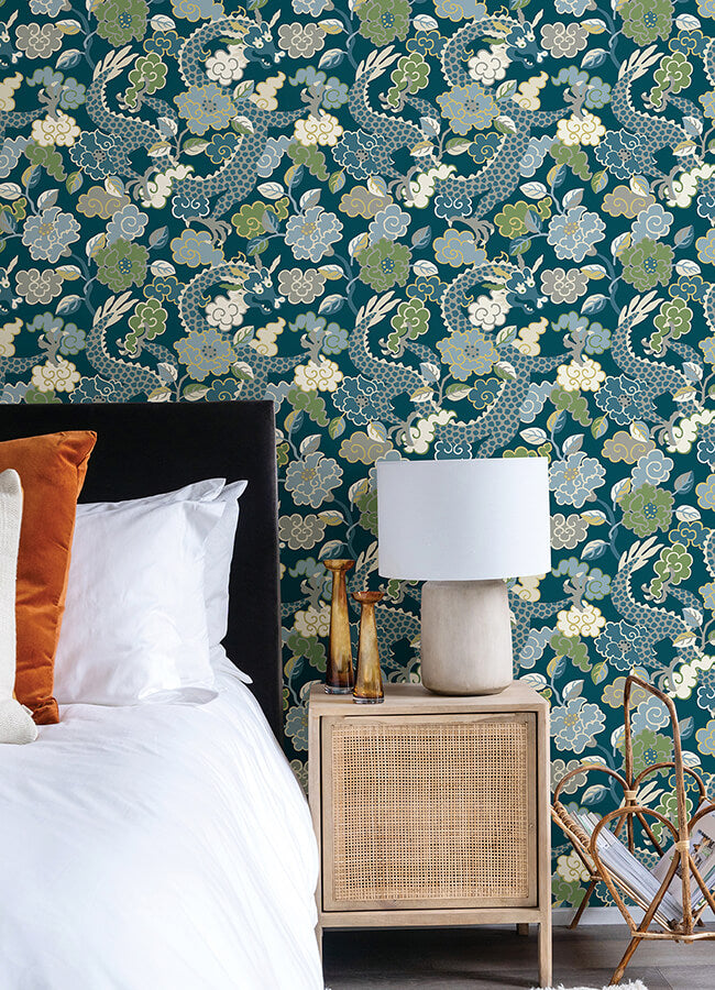 yanci-teal-dragon-wallpaper-york-wallcoverings-4120-72008 - York Wallcoverings Papel pintado