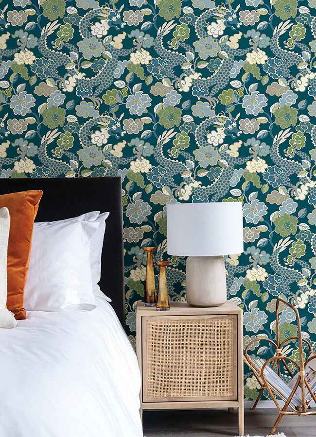 Yanci Teal Dragon Wallpaper - York Wallcoverings - 4120-72008 - York Wallcoverings Wallpaper