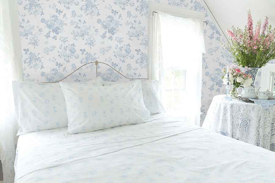 Everblooming Rosettes Blue Bella Ribbon - York Wallcoverings - LFS5017 - York Wallcoverings Wallpaper