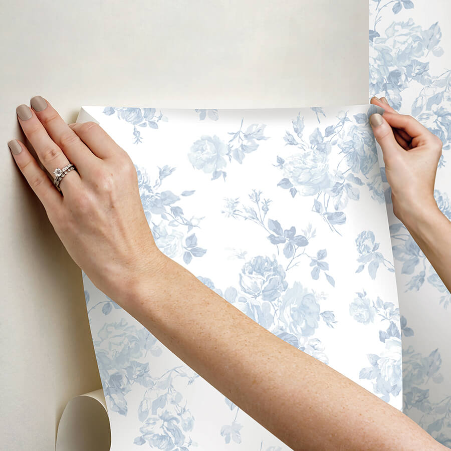 blue-bella-ribbon-everblooming-rosettes-peel-and-stick-wallpaper-york-wallcoverings-lfs5017 - York Wallcoverings Wallpaper