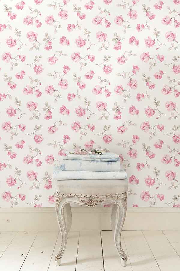 Chateau Rose Ribbon Rosa Peel and Stick Wallpaper - York Wallcoverings - LFS6109 - York Wallcoverings Wallpaper