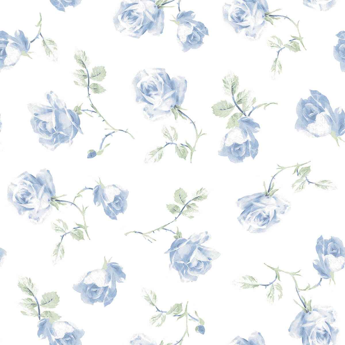 Ribbon Rosa French Blue Loose Roses Wallpaper - York Wallcoverings - AST6085