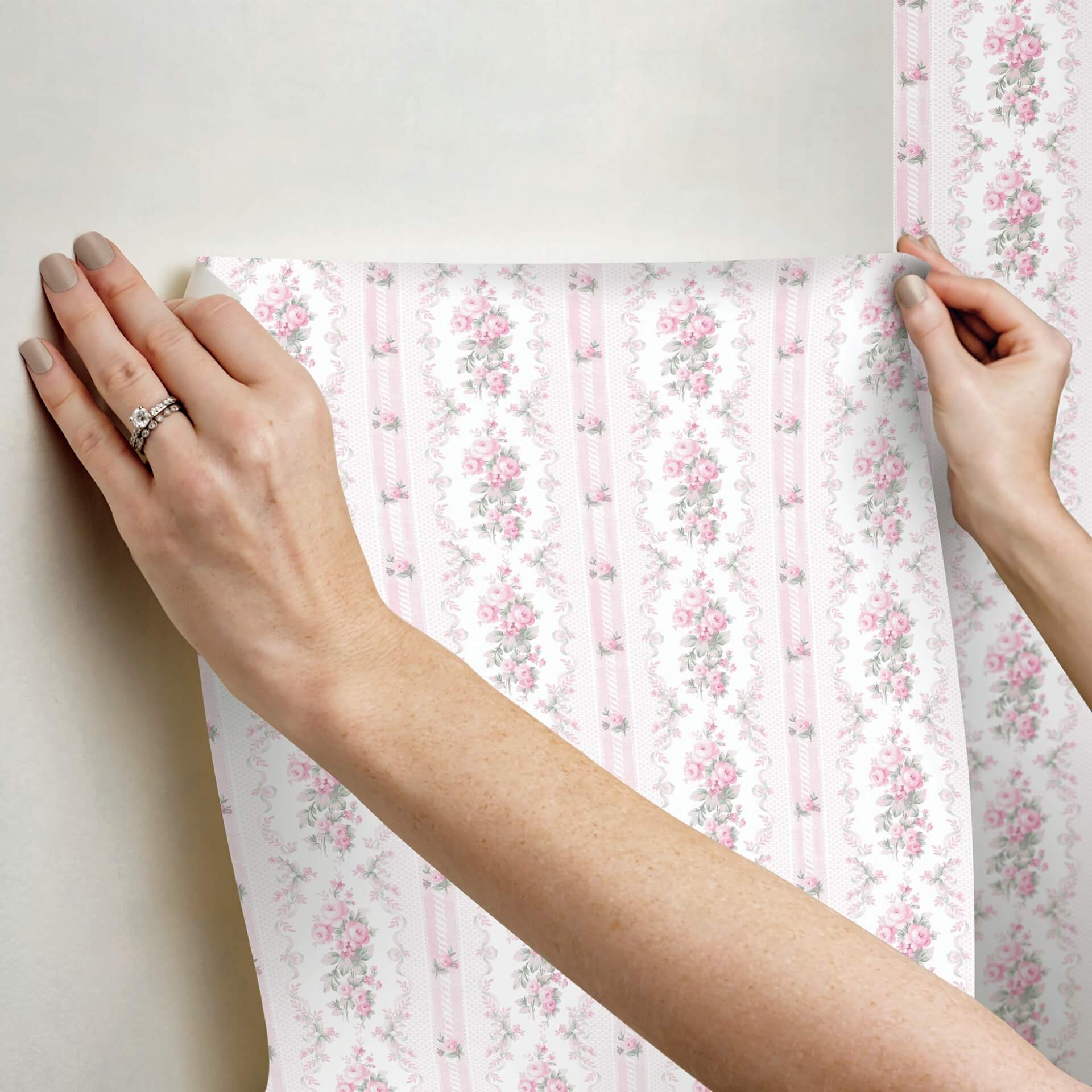 dreamy-days-pink-parfait-stripe-floral-wallpaper-york-wallcoverings-ast6086 - York Wallcoverings Wallpaper