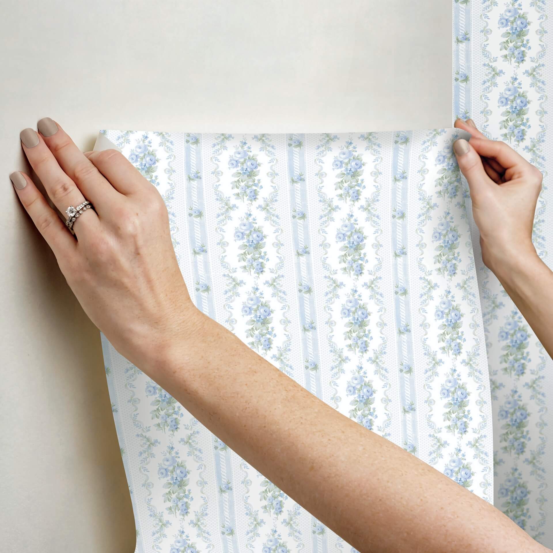 dreamy-days-sweet-blue-stripe-floral-wallpaper-york-wallcoverings-ast6087 - York Wallcoverings Wallpaper