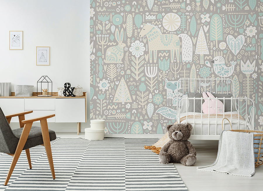 aqua-scandi-forest-animals-wall-mural-york-wallcoverings-mur239m - York Wallcoverings Wallpaper