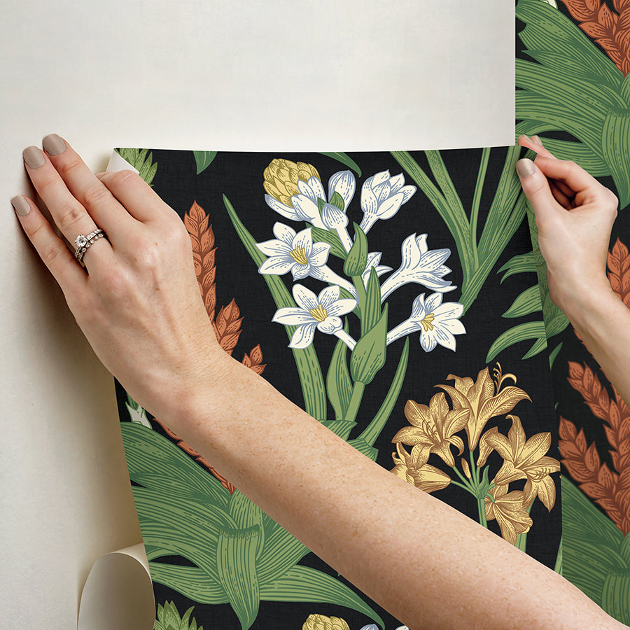 black-multi-blooming-villa-peel-and-stick-wallpaper-york-wallcoverings-nus6096 - York Wallcoverings Wallpaper