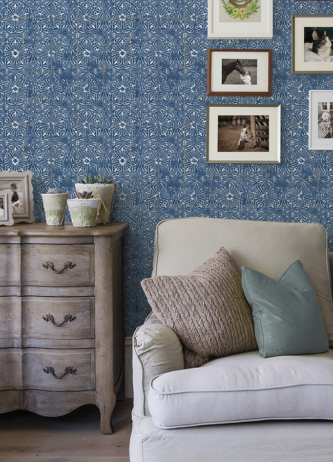 cobalt-sea-provincial-tile-peel-and-stick-wallpaper-york-wallcoverings-nus6104 - York Wallcoverings Wallpaper