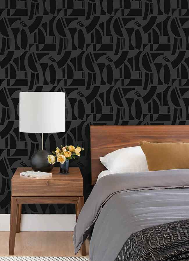 carter-black-geometric-flock-wallpaper-york-wallcoverings-4034-87379 - York Wallcoverings Wallpaper