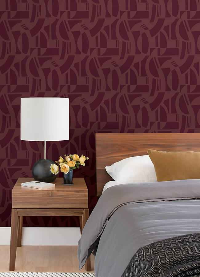 carter-burgundy-geometric-flock-wallpaper-york-wallcoverings-4034-87380 - York Wallcoverings Wallpaper