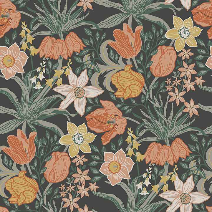 Cecilia Black Tulip and Daffodil Wallpaper - York Wallcoverings - 4143-34031 - York Wallcoverings Wallpaper
