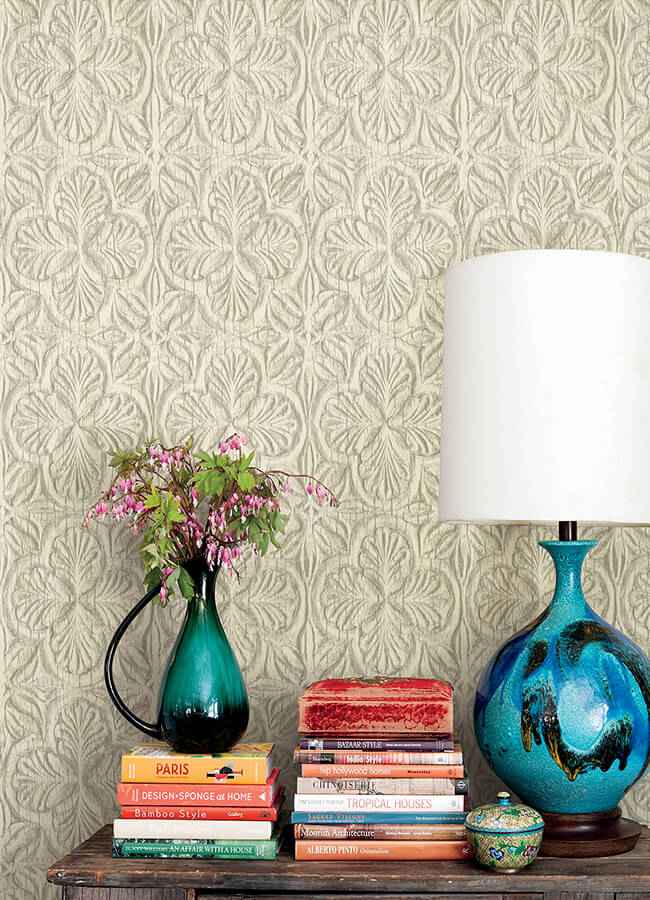 Karachi Cream Wooden Damask Wallpaper - York Wallcoverings - 3125-72333 - York Wallcoverings Wallpaper
