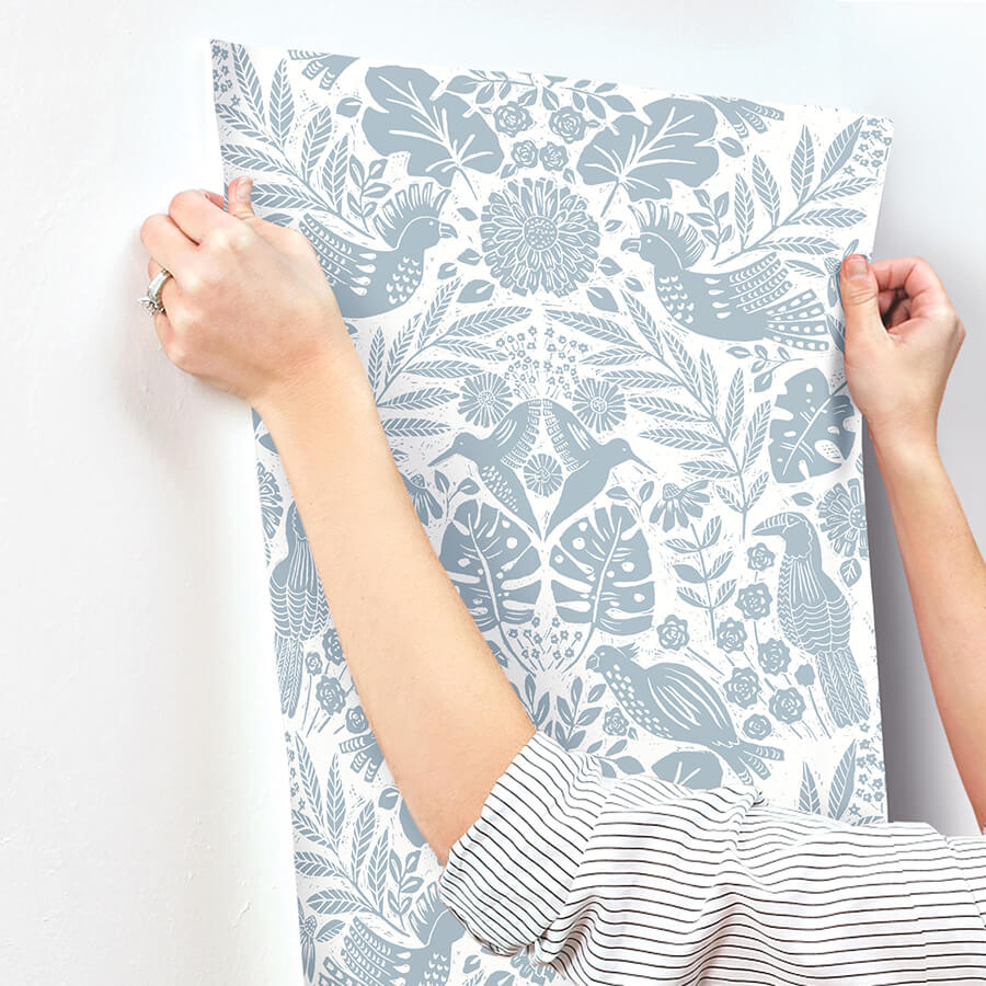 nestle-blue-bird-block-print-wallpaper-york-wallcoverings-4122-27000 - York Wallcoverings Wallpaper
