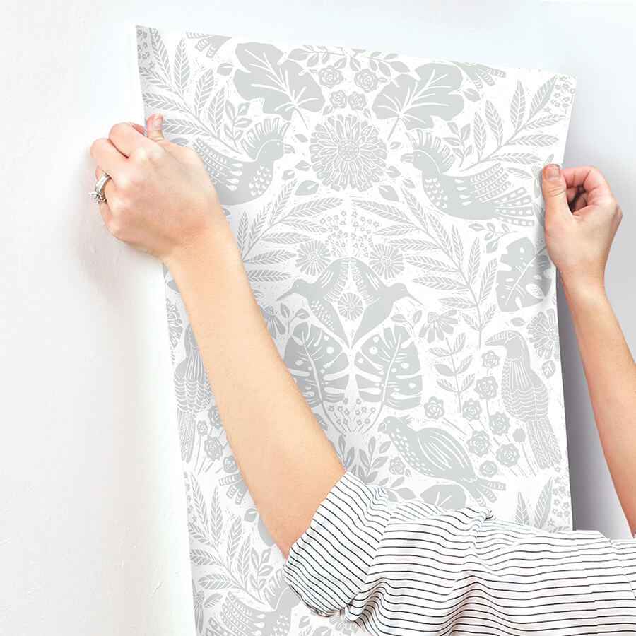 Nestle Light Grey Bird Block Print Wallpaper - York Wallcoverings - 4122-27001 - York Wallcoverings Wallpaper