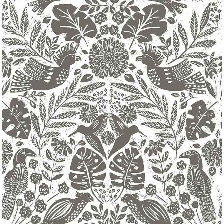nestle-charcoal-bird-block-print-wallpaper-york-wallcoverings-4122-27004 - York Wallcoverings Wallpaper