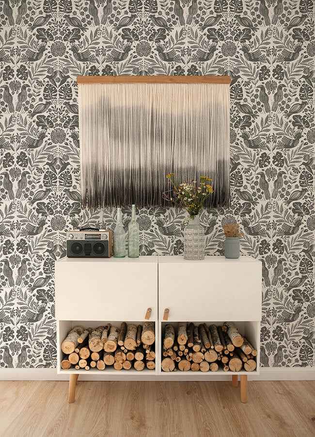 nestle-charcoal-bird-block-print-wallpaper-york-wallcoverings-4122-27004 - York Wallcoverings Wallpaper