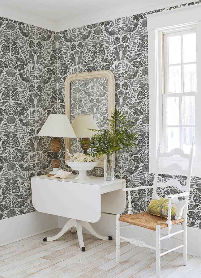 Nestle Charcoal Bird Block Print Wallpaper - York Wallcoverings - 4122-27004 - York Wallcoverings Wallpaper