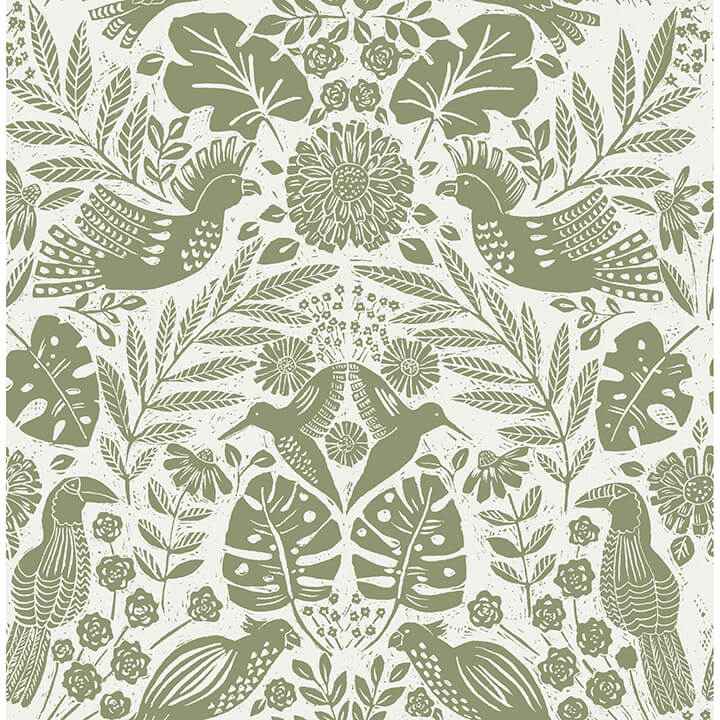 Nestle Green Bird Block Print Wallpaper - York Wallcoverings - 4122-27005 - York Wallcoverings Wallpaper