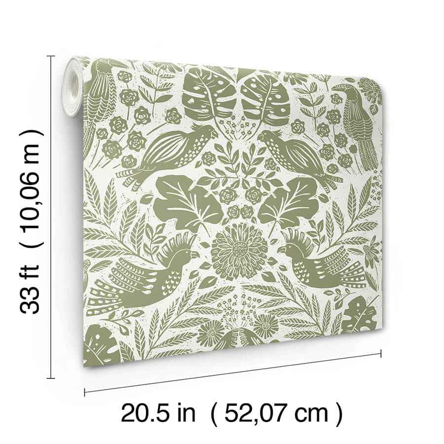 nestle-green-bird-block-print-wallpaper-york-wallcoverings-4122-27005 - York Wallcoverings Wallpaper