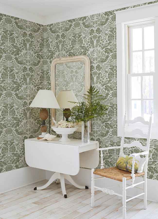 nestle-green-bird-block-print-wallpaper-york-wallcoverings-4122-27005 - York Wallcoverings Wallpaper