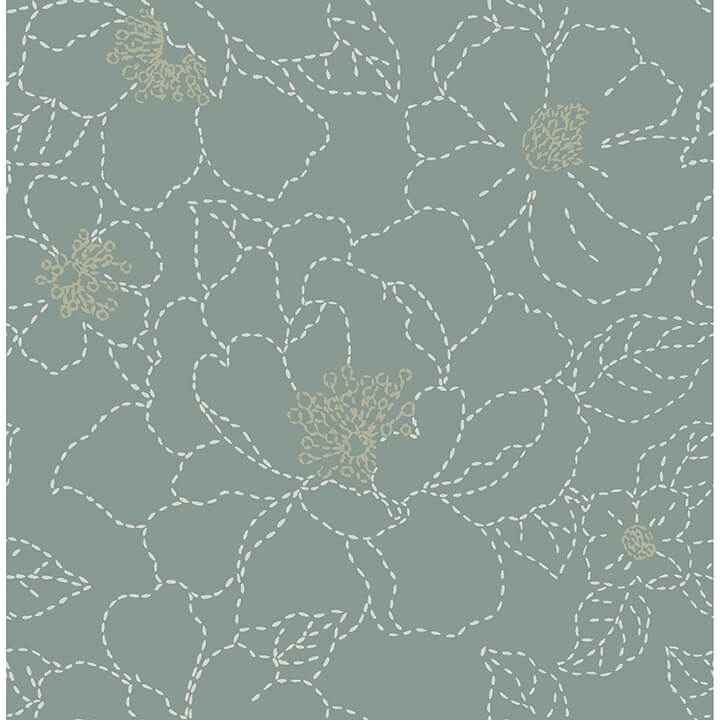 Gardena Sea Green Embroidered Floral Wallpaper - York Wallcoverings - 4122-27006
