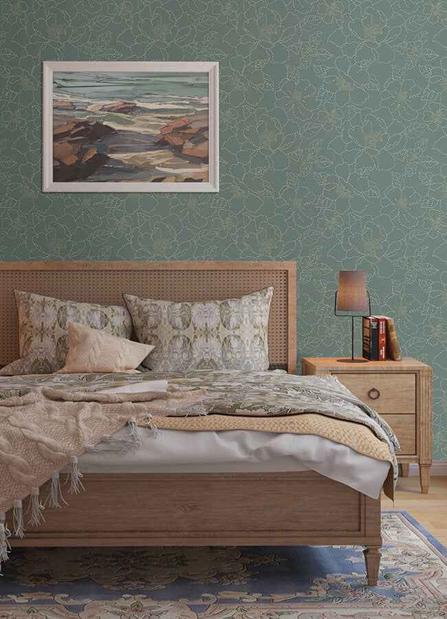 gardena-sea-green-embroidered-floral-wallpaper-york-wallcoverings-4122-27006 - York Wallcoverings Wallpaper