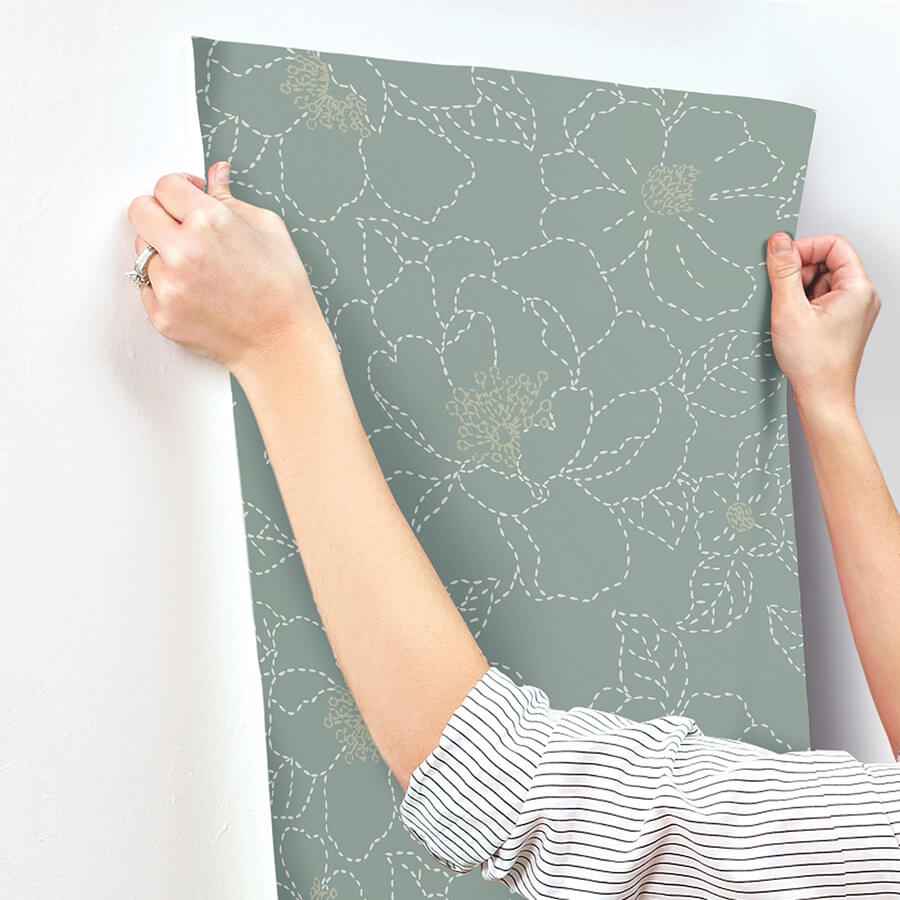 Gardena Sea Green Embroidered Floral Wallpaper - York Wallcoverings - 4122-27006 - York Wallcoverings Wallpaper