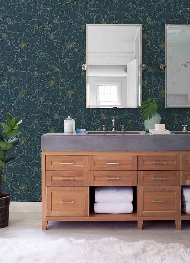 Gardena Indigo Embroidered Floral Wallpaper - York Wallcoverings - 4122-27009 - York Wallcoverings Wallpaper