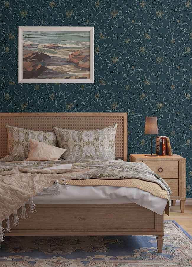 gardena-indigo-embroidered-floral-wallpaper-york-wallcoverings-4122-27009 - York Wallcoverings Wallpaper