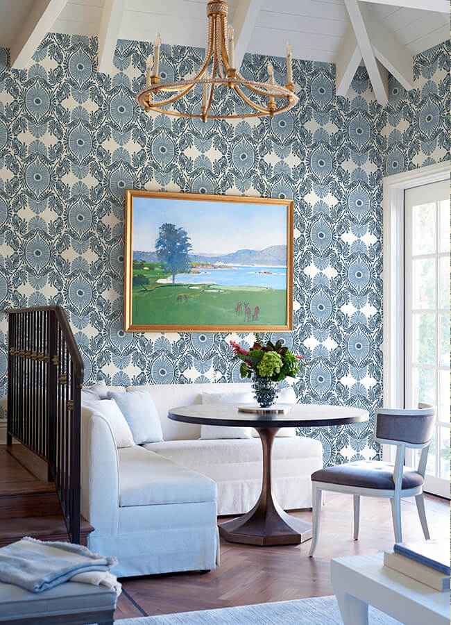 Villa Blue Embellished Ogee Wallpaper - York Wallcoverings - 4122-72401 - York Wallcoverings Wallpaper