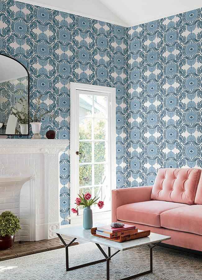 Villa Blue Embellished Ogee Wallpaper - York Wallcoverings - 4122-72401 - York Wallcoverings Wallpaper